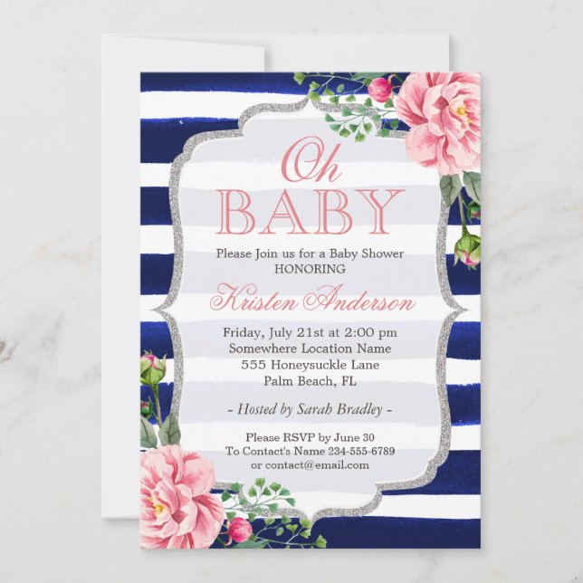 Invitation Oh Baby shower rose Floral Argent Marine Bleu Stri (Devant)