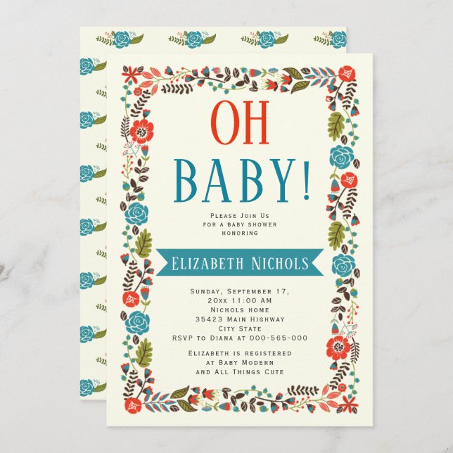 Invitation Oh Baby shower rouge et turquoise frontière floral (Devant / Derrière)