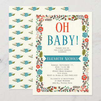 Invitation Oh Baby shower rouge et turquoise frontière floral
