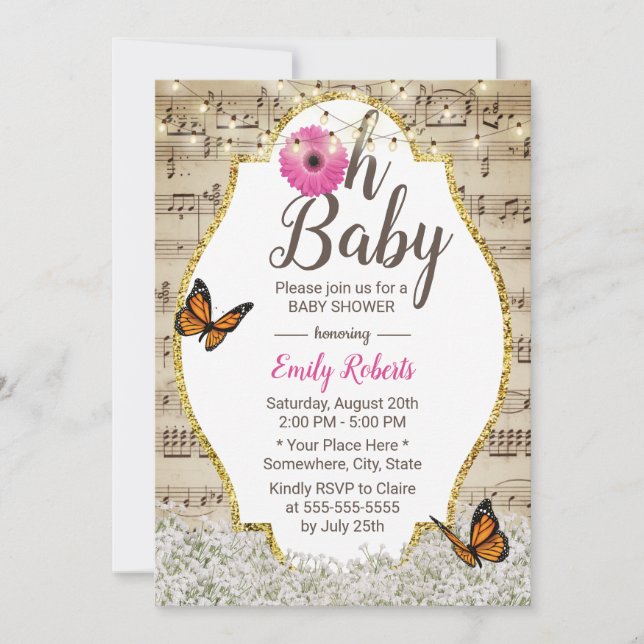 Invitation Oh Baby shower Rustic Baby's Breath Floral Musical (Devant)