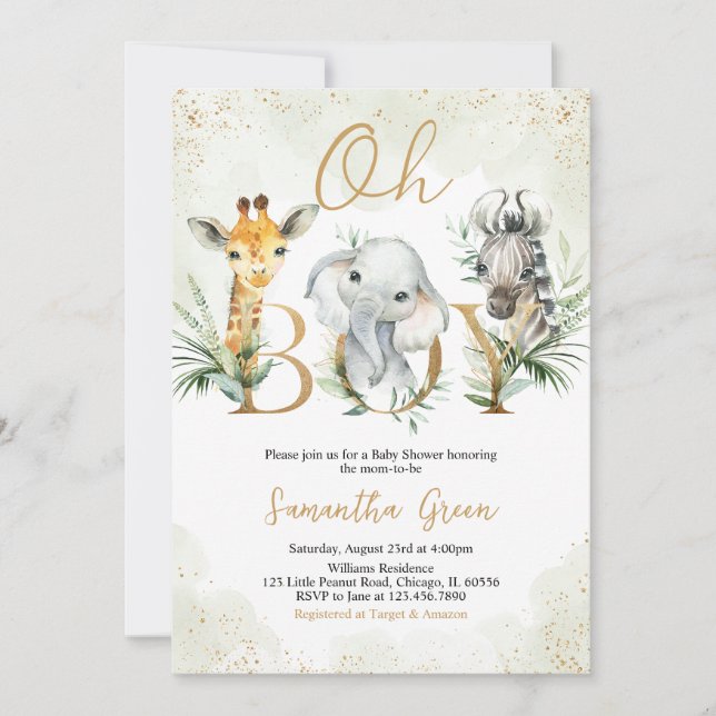 Invitation Oh Baby shower Safari Animaux Garçon (Devant)