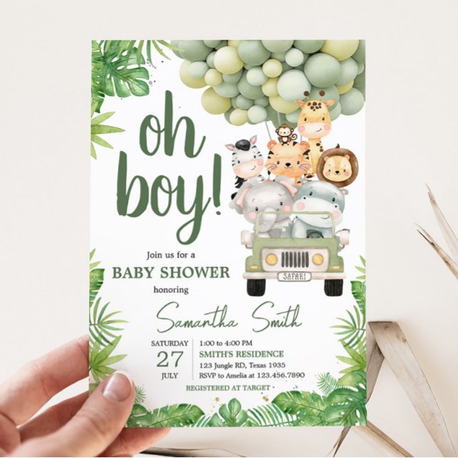 Invitation Oh Baby shower Safari de Boy Jungle (Safari Truck Balloons Baby Shower Invitation)