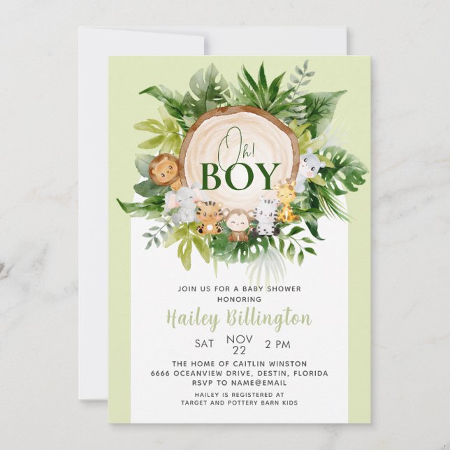 Invitation Oh Baby shower Safari Jungle Animaux (Devant)