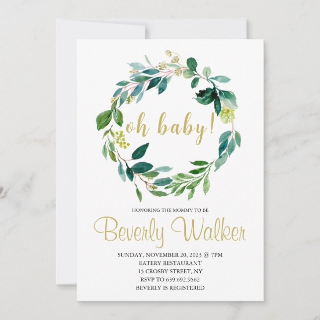 Invitation Oh Baby shower Vert Floral (Devant)