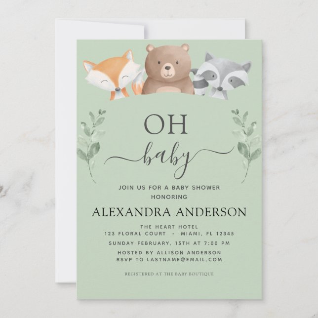 Invitation Oh Baby shower Woodland mignons Animaux (Devant)