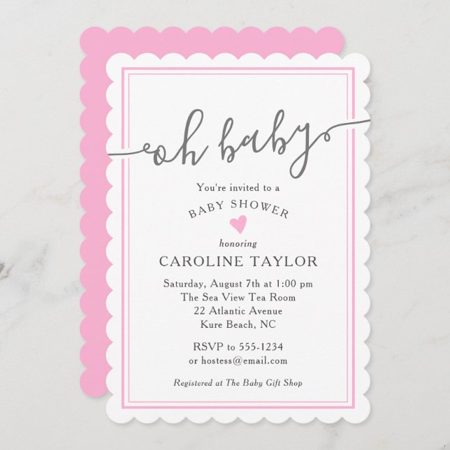 Invitation Oh Baby Simple Coeur Rose Baby shower fille (Devant / Derrière)