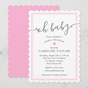 Invitation Oh Baby Simple Coeur Rose Baby shower fille
