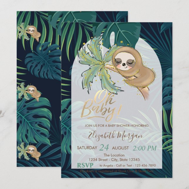 Invitation Oh Baby Sleeping Sloth Palm Baby shower feuille de (Devant / Derrière)
