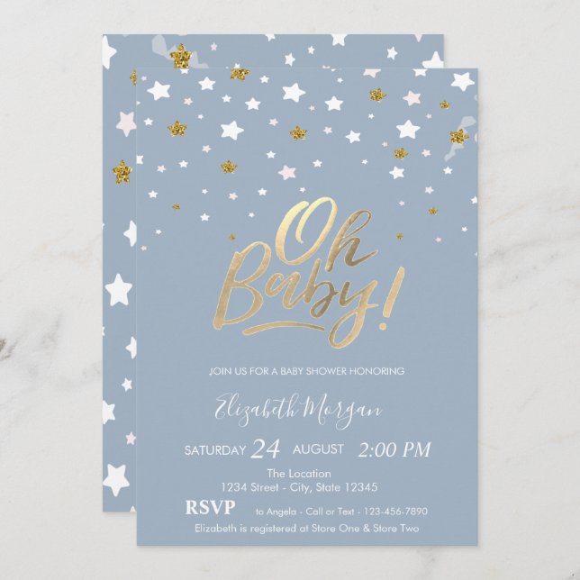 Invitation Oh Baby Stars Dusty Baby shower bleu (Devant / Derrière)