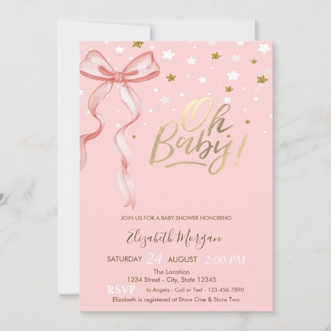 Invitation Oh Baby Stars Pink Bow Baby shower (Devant)