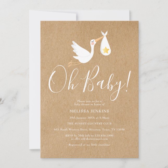 Invitation Oh Baby Stork Rustique Baby Shower (Devant)