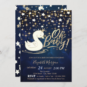 Invitation Oh Baby Swan Crown Stars Marine Baby shower bleu