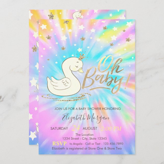 Invitation Oh Baby Swan Crown Stars Tie Dye Baby shower (Devant / Derrière)