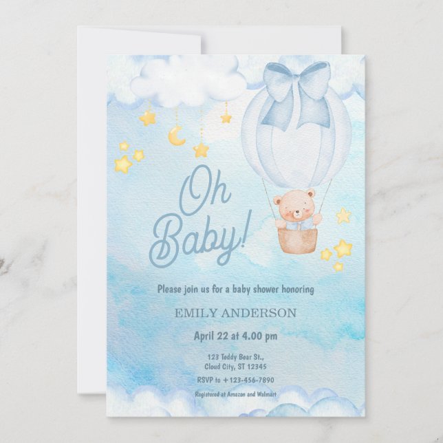 Invitation Oh Baby Teddy Bear Balloon Boy Baby Shower  (Devant)