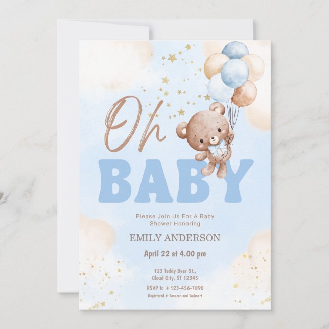 Invitation Oh Baby Teddy Bear Balloons Boy Baby Shower  (Devant)