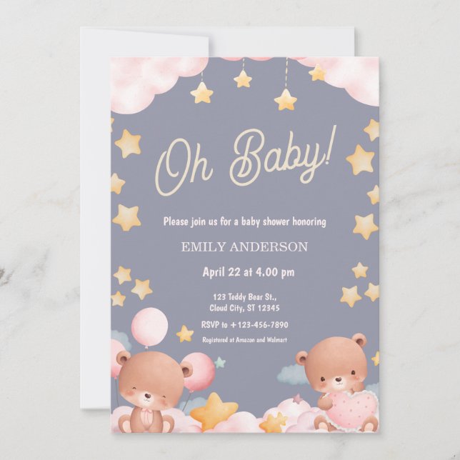 Invitation Oh Baby Teddy Bear Twinkle Little Star Baby Shower (Devant)