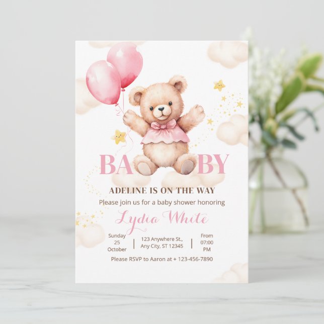 Invitation Oh Baby Teddy Ours Avec Balloon Girl Baby shower (Debout devant)
