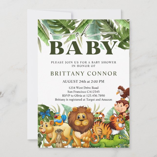 Invitation Oh Baby Tropical Jungle Safari Animaux Baby shower (Devant)