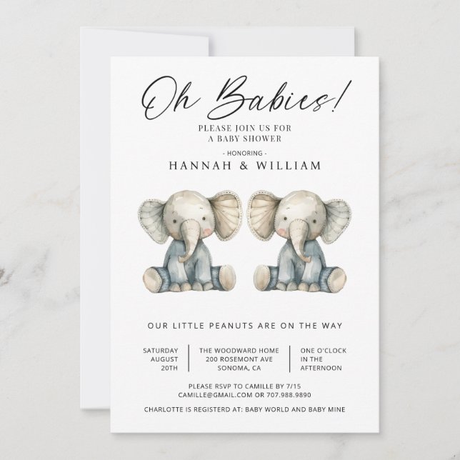 Invitation Oh Baby Twins Aquarelle Elephants Baby shower (Devant)