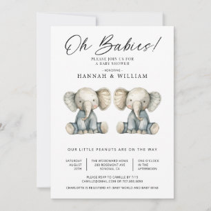 Invitation Oh Baby Twins Aquarelle Elephants Baby shower
