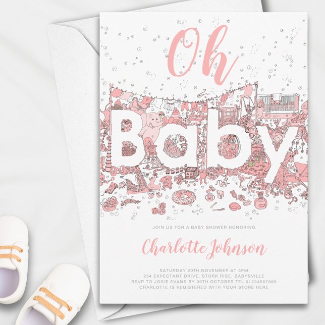 Invitation Oh Baby Watercolor Baby shower rose (Oh baby pink watercolor baby shower Invitation )