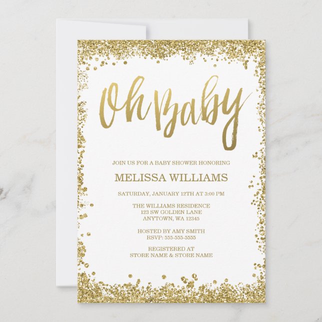 Invitation Oh Baby White Gold Parties scintillant Baby shower (Devant)