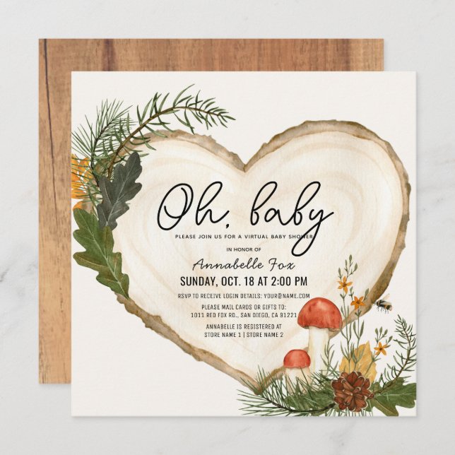 Invitation Oh Baby Wood Slice Champhroom Baby shower virtuel (Devant / Derrière)