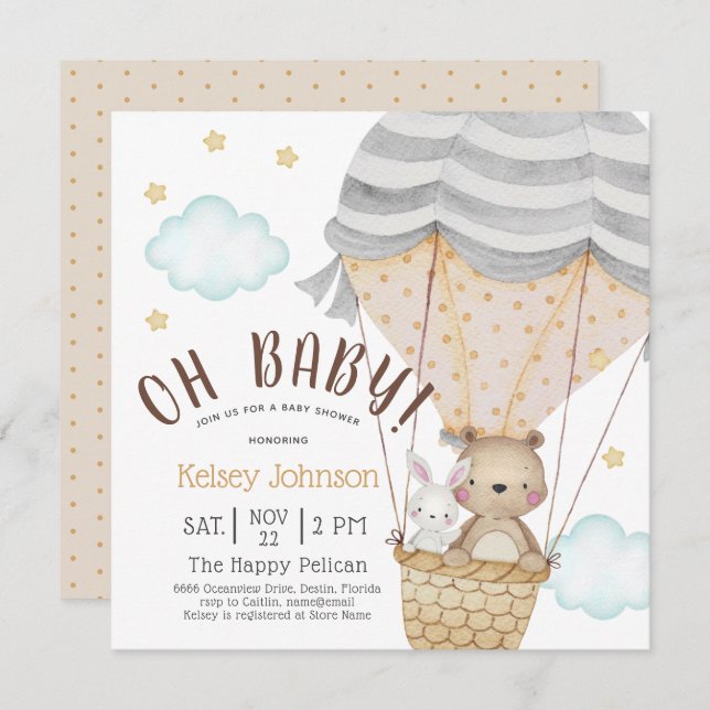 Invitation Oh Baby Woodland Teddy Bear Baby shower neutre (Devant / Derrière)