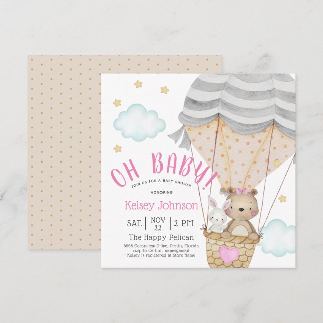 Invitation Oh Baby Woodland Teddy Bear Baby shower rose (Devant / Derrière)