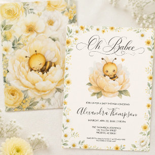 Invitation Oh Bébé Abeille Floral Jaune Aquarelle Baby Shower