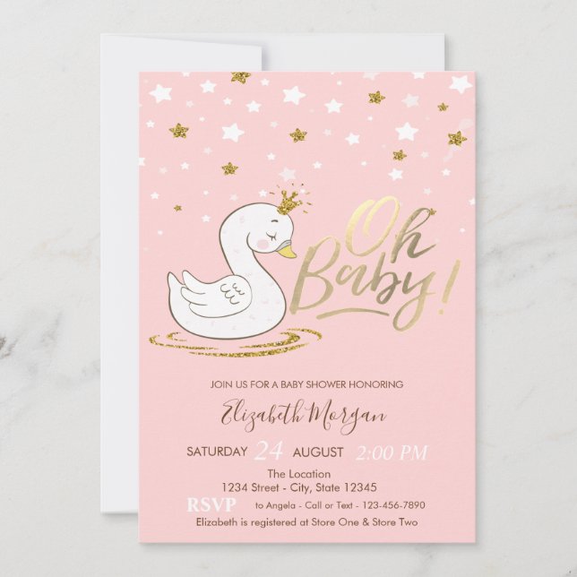 Invitation Oh Bébé Adorable Bébé Couronne de Cygne Étoiles Ba (Devant)