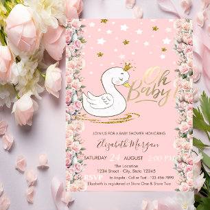 Invitation Oh Bébé Adorable Bébé Couronne de Roses Cygne Bab