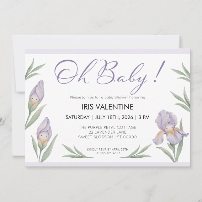 Invitation Oh Bébé Aquarelle Iris Floral Violet Lavande (Devant)
