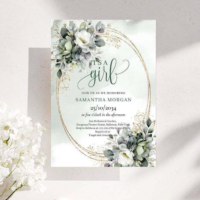 Invitation Oh Bébé Aquarelle Verdure C'est une Fille Invitati (Oh Baby Watercolor Greenery It's a Girl Invitation)
