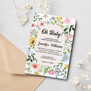 Invitation oh bébé, baby shower aquarelle fleurs sauvages flo