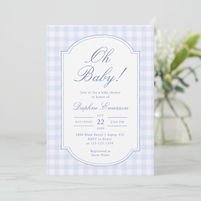 Invitation Oh Bébé Baby Shower au Gingham Bleu (Debout devant)