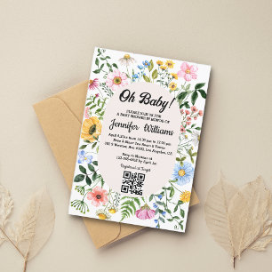 Invitation oh bébé, baby shower qr code fleurs sauvages flora