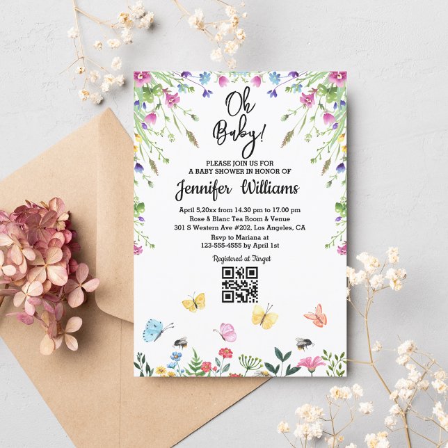 Invitation oh bébé, baby shower qr code fleurs sauvages flora (Créateur téléchargé)