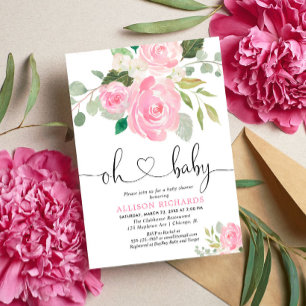 Invitation Oh Bébé baby shower rose pâle aquarelles florales