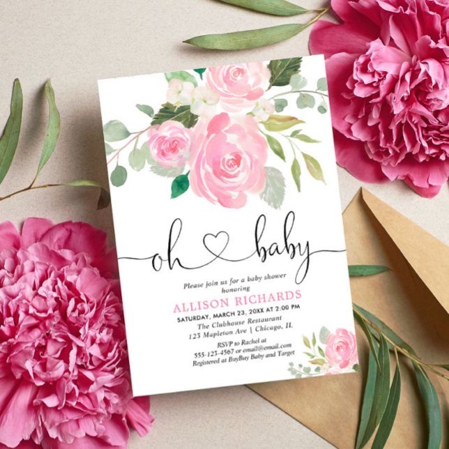 Invitation Oh Bébé baby shower rose pâle aquarelles florales (Créateur téléchargé)