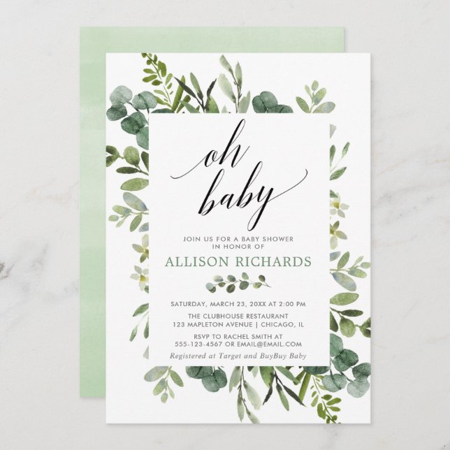 Invitation Oh, bébé baby shower vert neutre pour le genre (Devant / Derrière)