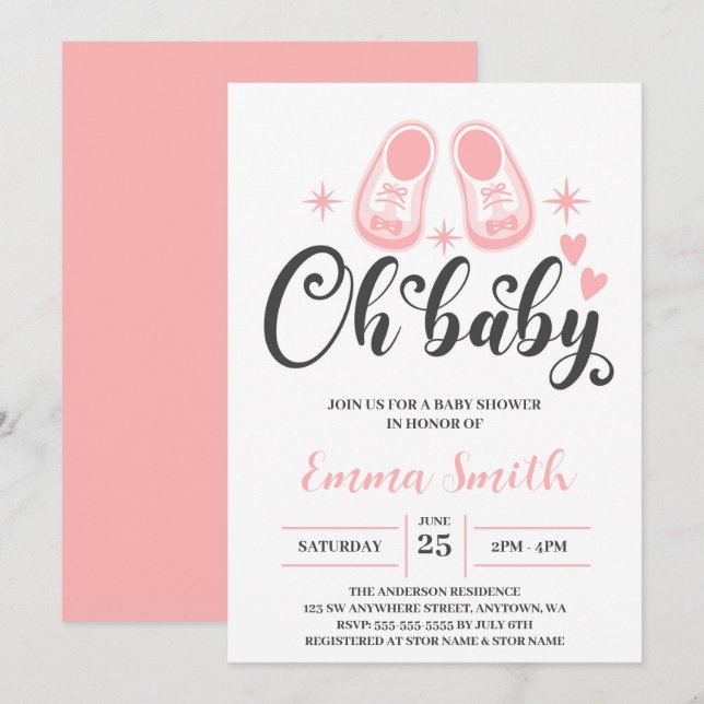 Invitation Oh Bébé Bébé Mignon Chaussures Baby Shower (Devant / Derrière)