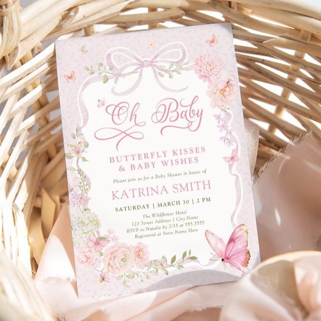 Invitation Oh Bébé Bisous de Papillon Rose Baby Shower (Créateur téléchargé)