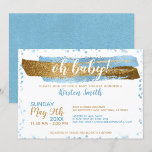 Invitation Oh Bébé Bleu Or Simple Élégant Baby shower garçon