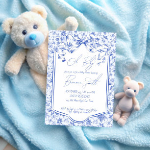Invitation Oh bébé bleu toile de jouy croquis baby shower