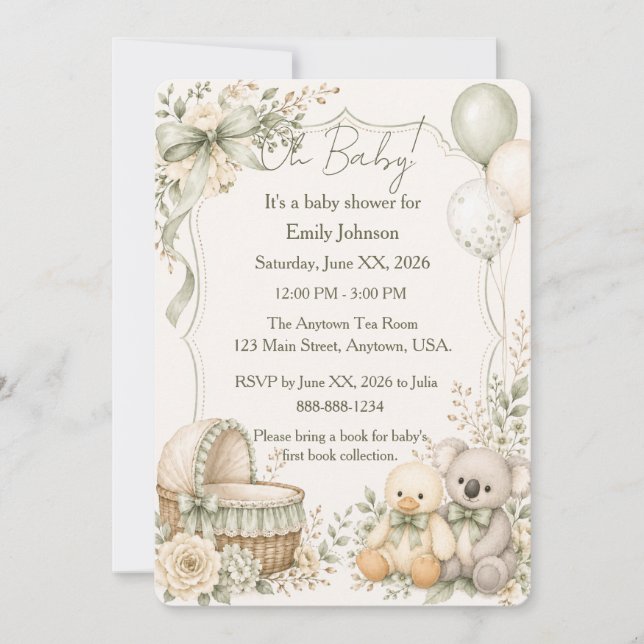 Invitation Oh Bébé Canard et Koala Fête de Naissance Verte Ne (Devant)