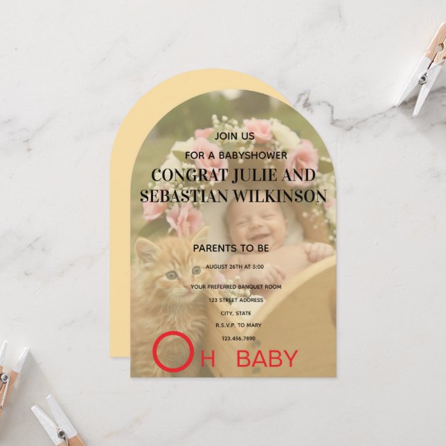 Invitation Oh Bébé Chat Photo Arche de Baby Shower (Devant/Arrière en situation)