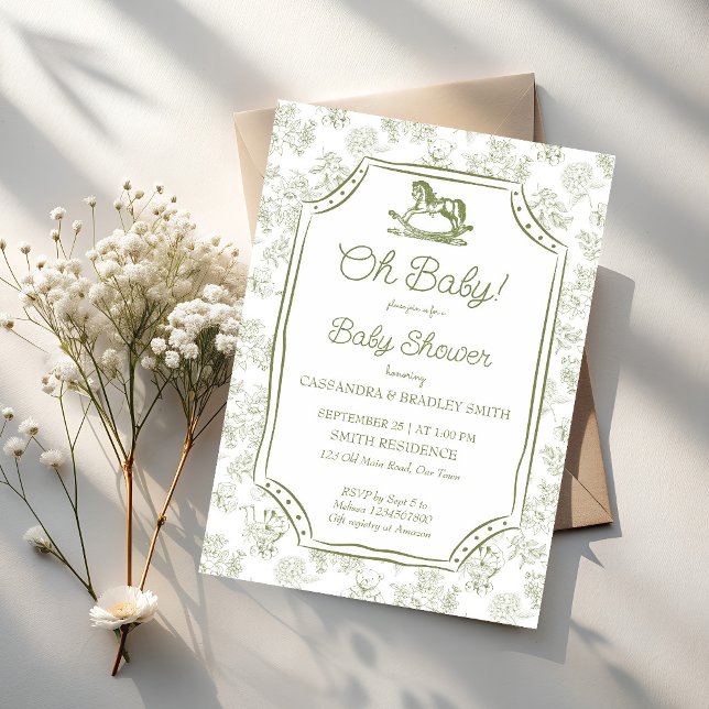 Invitation Oh bébé cheval à bascule vert sauge baby shower (Oh baby sage green rocking horse sketch chinoiserie vintage baby shower invitation cards template)