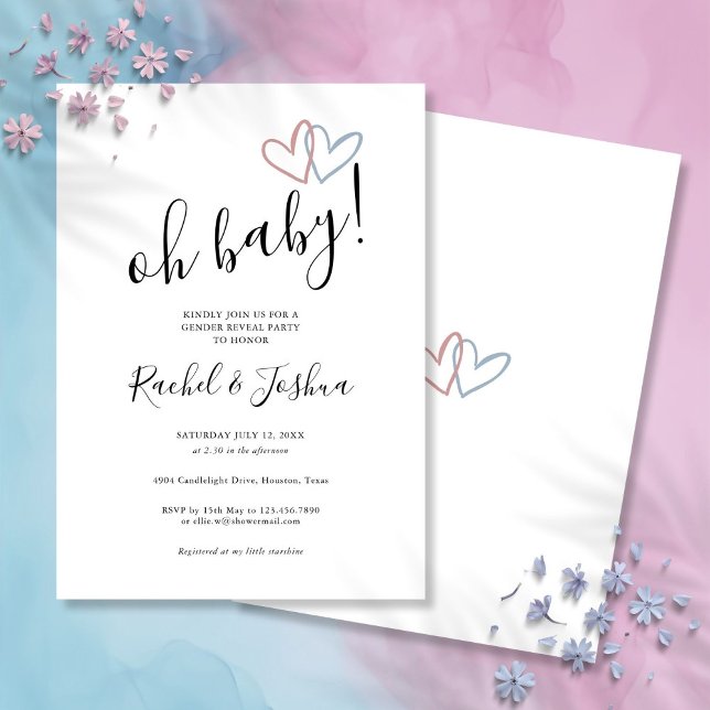 Invitation Oh Bébé Coeurs Bleu Et Rose Fête de Révélation de  (Oh Baby Blue And Pink Hearts Gender Reveal Party Invitation)