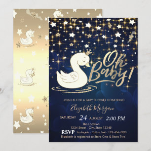 Invitation Oh Bébé Cygne Couronne Étoiles d'Or Baby Shower